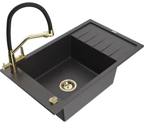 Mexen Elias chiuvetă de granit cu 1 compartiment cu scurgător și baterie de bucătărie Duo, negru pătat - 6511-76-671701-57-G