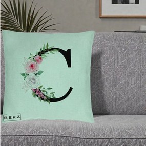 Cadou Personalizat - Perna Personalizata Monograma Florala Litera C, 40x40 cm, Verde Menta, Husa Detasabila, Perna Inclusa, BEKZ®