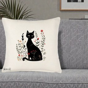 Perna Decorativa Pisica Neagra Botanica Rosu-Gri, 40x40 cm, Crem Reliefat, Husa Detasabila, Perna Inclusa, BEKZ®