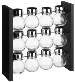 Set 12 recipiente condimente Atlas Black, suport lemn, 29.2x9xH29 cm