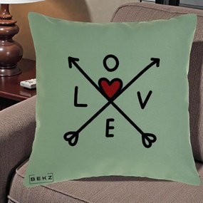 Perna Decorativa Love cu Sageti Incrucisate si Inima Rosie, 40x40 cm, Verde, Husa Detasabila, Perna Inclusa, BEKZ®