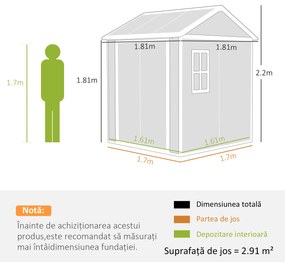 Outsunny Șopron de Grădină pentru Depozitare Unelte cu Pardosea, Două Uși și Încuietoare, 181x181x220 cm, Gri | Aosom Romania