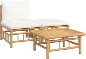 vidaXL Set mobilier de grădină, cu perne alb crem, 3 piese, bambus
