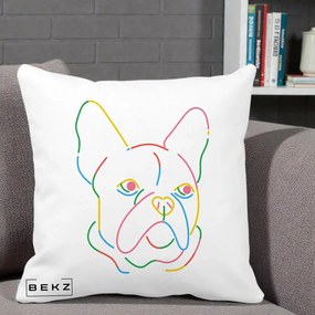 Perna Decorativa Bulldog Francez Line Art Curcubeu, 40x40 cm, Alba Mata, Husa Detasabila, Perna Inclusa, BEKZ®