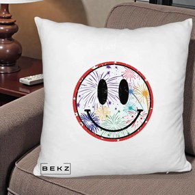 Perna Decorativa Smiley Face cu Artificii Multicolore, 40x40 cm, Alb Pufos, Husa Detasabila, Perna Inclusa, BEKZ®