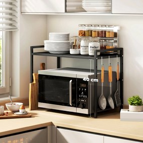 HOMCOM Suport extensibil pentru cuptor cu microunde pe 2 niveluri cu 3 cârlige, din metal, negru | Aosom Romania