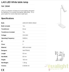 Veioza LED design modern minimalist LAO alb 29048