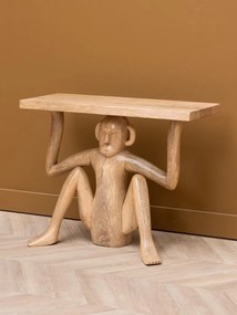 Măsuță laterală din lemn masiv de mango, natur, cu blat dreptunghiular susținut de o sculptură de maimuță cioplită manual, finisaj natural,