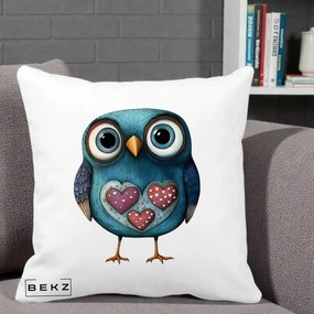 Perna Decorativa Bufnita Teal cu Doua Inimi, 40x40 cm, Alba Mata, Husa Detasabila, Perna Inclusa, BEKZ®
