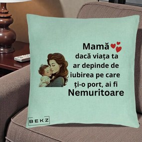 Cadou pentru Mama - Perna Personalizata Mama Nemuritoare cu Bebelus Lineart, 40x40 cm, Verde Menta, Husa Detasabila, Perna Inclusa, BEKZ®