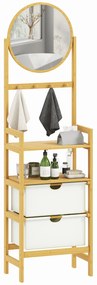 HOMCOM Raft de baie din bambus cu oglindă cu 4 cârlige 2 rafturi deschise și 2 sertare din material textil 48,5x30x170 cm Natural | Aosom Romania