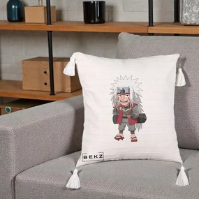 Perna Personalizata Naruto Jiraiya Sensei Chibi, 40x40 cm, Bej cu Franjuri, Husa Detasabila, Perna Inclusa, BEKZ®