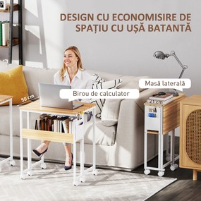 HOMCOM Birou Pliabil de 80 cm cu Raft de Depozitare și Blat Rabatabil pe Roți - Alb | Aosom Romania