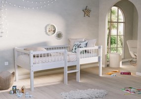 Pat Semi-Înălțat (Mid Sleeper) Forrest Beech 90x200 cm, pentru Camera Copii, din Lemn de Fag Lăcuit Alb, cu Scară și Sertare – Vipack