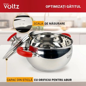 La mâna a doua: Oala Oliver Voltz OV51210N18, 18 cm, 2,5 l, Inductie, Manere silicon rosii, Inox/Roşu