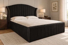 Pat tapițat din catifea Sorella Line 160×200 cm, negru, cu ladă de depozitare