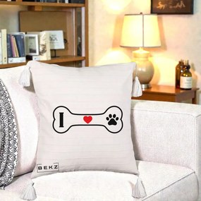 Perna Personalizata I Love Dog Os si Labuta, 40x40 cm, Bej cu Franjuri, Husa Detasabila, Perna Inclusa, BEKZ®