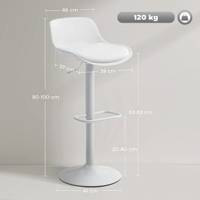 HOMCOM Set de 2 Scaune de Bar Rotative cu Spătar și Înălțime Reglabilă Alb | Aosom Romania