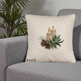 Perna Decorativa Lumanari cu Ilex si Conuri Ilustratie, 40x40 cm, Bej Canapea, Husa Detasabila, Perna Inclusa, BEKZ®