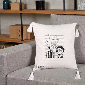 Perna Personalizata Rick si Morty Dosar, 40x40 cm, Bej cu Franjuri, Husa Detasabila, Perna Inclusa, BEKZ®