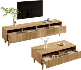 Set mobilier LED modern, comodă TV cu 4 uși &amp; masă de cafea cu 2 sertare, 178x35x45+110x50x40 cm, Culoare naturală