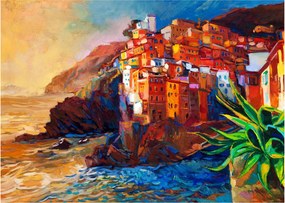 Tablou pe sticlă - Satul de coastă Cinque Terre, Riviera italiană, impresionismul modern (70x50 cm)