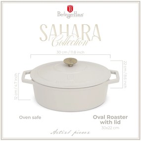 RESIGILAT - Oală din fontă emailată ovală cu capac 30 cm, 4.65L – Berlinger Haus Sahara Collection BH 6540, crem, pentru cuptor și coacere lentă