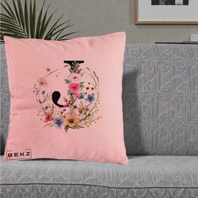 Cadou Personalizat - Perna Personalizata Monogram Litera J cu Flori Acuarela, 40x40 cm, Roz, Husa Detasabila, Perna Inclusa, BEKZ®