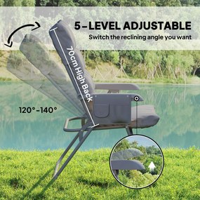 Outsunny Scaun de Camping Pliabil cu Spătar Înalt Reglabil în 5 Poziții și Buzunare Laterale, 66x58x105 cm, Gri Deschis | Aosom Romania