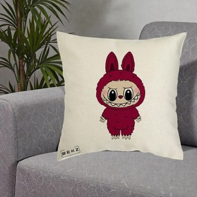 Perna Personalizata Labubu Rosu-Visiniu Solo, 40x40 cm, Ecru, Husa Detasabila, Perna Inclusa, BEKZ®