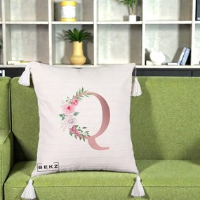 Cadou Personalizat - Perna Personalizata Monograma Rose Gold Litera Q, 40x40 cm, Bej cu Franjuri, Husa Detasabila, Perna Inclusa, BEKZ®