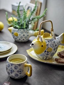 Ghiveci decorativ din ceramică albă în formă de pește cu model floral albastru pictat manual, 25×9×11 cm, „Wrenna"