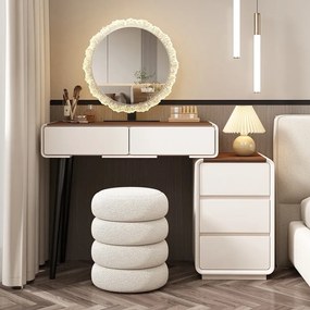 RESIGILAT- Set EMILY, Masă de toaletă pentru machiaj cu oglindă iluminată LED, în trei culori, intensitate reglabilă, control touch, comoda, taburet, 80 cm, Alb