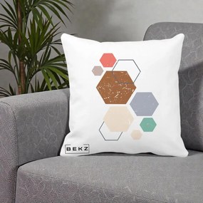 Perna Decorativa Geometric Hexagoane Multicolor, 40x40 cm, Alba Mata, Husa Detasabila, Perna Inclusa, BEKZ®