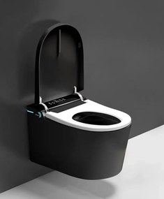 Vas toaletă inteligentă cu Bideu, Afișaj LED, Telecomandă, Sterilizare UV, Deschidere/Închidere automată, funcționare senzor picior, Control inteligent al Temperaturii, Uscare aer cald, Iluminare de noapte, Suspendat, Ceramică, Negru, 302