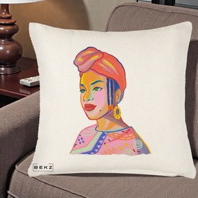 Perna Decorativa Portret Femeie Africana, 40x40 cm, Crem Reliefat, Husa Detasabila, Perna Inclusa, BEKZ®
