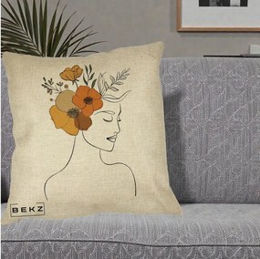 Perna Decorativa Portret Feminin Flori Galbene-Portocalii, 40x40 cm, Crem, Husa Detasabila, Perna Inclusa, BEKZ®