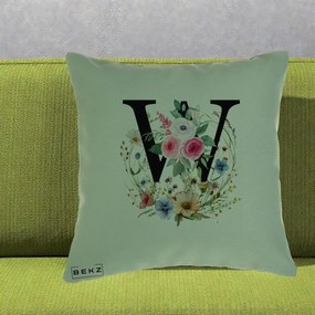 Cadou Personalizat - Perna Personalizata Monograma Florala Litera W, 40x40 cm, Verde, Husa Detasabila, Perna Inclusa, BEKZ®