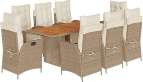 vidaXL Set de masă pentru grădină, 9 piese, cu perne, bej, poliratan