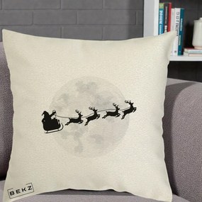 Perna Decorativa Mos Craciun Sanie Luna, 40x40 cm, Ecru, Husa Detasabila, Perna Inclusa, BEKZ®