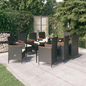 Set mobilier pentru gradina cu perne, 9 piese, negru negru si maro, Lungime masa 200 cm, 9