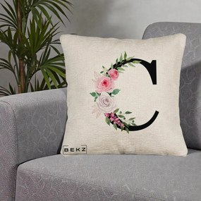 Cadou Personalizat - Perna Personalizata Monograma Florala Litera C, 40x40 cm, Bej Canapea, Husa Detasabila, Perna Inclusa, BEKZ®