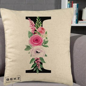 Cadou Personalizat - Perna Personalizata Monograma Florala Litera I, 40x40 cm, Bej, Husa Detasabila, Perna Inclusa, BEKZ®