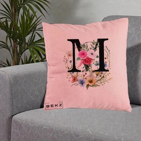 Cadou Personalizat - Perna Personalizata Monogram Litera M cu Flori Acuarela, 40x40 cm, Roz, Husa Detasabila, Perna Inclusa, BEKZ®