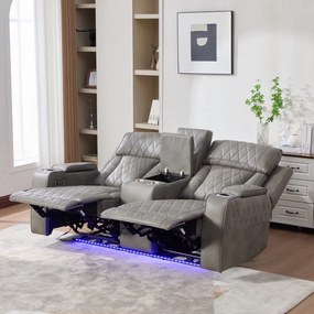 Set canapele dumonde 3+2+1, reclinere electrice, incarcare wireless, USB-C, suport pahare incalzite, lumini LED Selvar