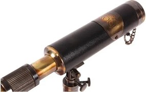 Telescop decorativ cu trepied din alamă și piele, negru și auriu, cu lentile reale și capac pe lanț, aspect vintage, finisaj antichizat, 35 x 25 x 14
