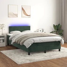 vidaXL Pat cu arcuri, saltea și LED, verde închis, 120x200 cm, catifea