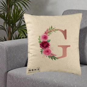 Cadou Personalizat - Perna Personalizata Monograma Rose Gold Litera G, 40x40 cm, Bej, Husa Detasabila, Perna Inclusa, BEKZ®