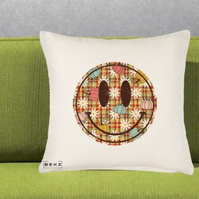 Perna Decorativa Smiley Face de Toamna cu Tartan si Dovlecei, 40x40 cm, Crem Reliefat, Husa Detasabila, Perna Inclusa, BEKZ®