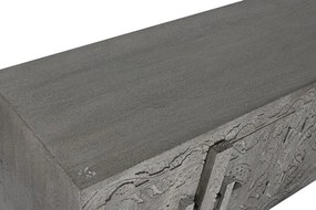 Comodă TV sculptată lungă din lemn masiv, gri, cu 6 uși, 3 rafturi și zăvoare din lemn, finisaj patinat, 61 x 200 x 40 cm, „Arvane”